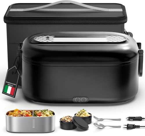 Scaldavivande Elettrico Portatile, 100 W Porta Pranzo Termico con Borsa Termica, 1.5 L 3 In 1 Scalda Vivande Elettrico, 12 V/24 V/220 V Lunch Box Termico per Auto Camion e Ufficio, Nero
