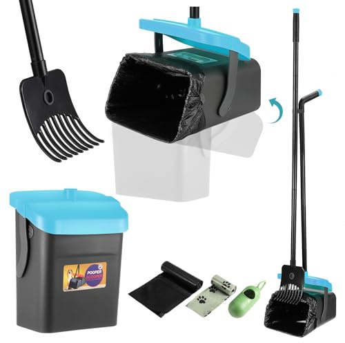 Faankiton Pelle Ramasse Crottes pour Chiens, Pelle à Déjections Canines et Râteau, Pelle a Crotte Portable Kit de Ramasse Crotte et Râteau avec 35 Sacs à Déchets 117cm Poignée Longue Réglable (Bleu)