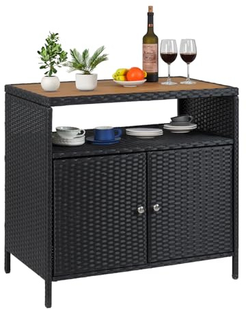 Terrassen Outdoor-Geflecht-Aufbewahrungsschrank mit Regal, pulverbeschichtetem Stahl, Bar-Tisch mit 2 Türen und Ablage, wetterfestes Kunststoffgeflecht, für Terrasse, Pool, Garten, Küche, braun