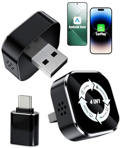 GCNWW 4 in 1 Wireless Carplay Adapter UK, Mini Car Play Wireless Adapter Plug and Play, AirPlay Screen Mirroring for iPhone, Compatible with Android for Screen Mirroring, Converts Wired to Wireless
