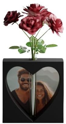 Herz Vase mit Foto Einsatz – Deko Vase mit Herz Aussparung und Glasröhrchen – Moderne Tischvase für Blumen, Foto oder Farbe 12,7 x 8,1 x 12,7 cm (Schwarz)
