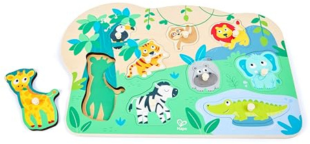 Hape Wildtiere-Steckpuzzle - Holzpuzzle mit Griffknöpfen für Kinder, Lernspielzeug, Montessori Puzzle zur Förderung von Feinmotorik, Farben & Formen, Motorikspielzeug für Kinder ab 24 Monaten