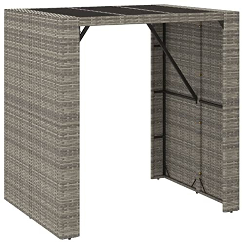 Fisinber Bartisch mit Glasplatte Grau 105x80x110 cm Rattan Stehtisch | Stabiler Hochtisch für Garten und Terrasse mit pflegeleichter schwarzer Glasplatte und robustem Stahlgestell.