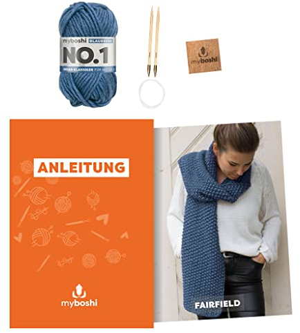 myboshi Strickset Schal Fairfield, Strickset für Anfänger, inkl. No.1 Wolle, Nadel und Anleitung, Strickpaket, 30% Merinowolle Blau mit Rundstricknadel