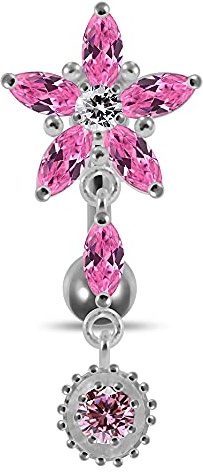 Monster Piercing | 925 Sterling Silber Bauchnabelpiercing mit Blumen Anhänger | Bauchnabel Piercing | Kristallstein | Stabstärke: 14 Gauge, Stablänge: 10mm | Hypoallergen