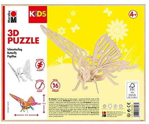 Marabu KiDS 31700000020 3D Wooden Puzzle Butterfly with 16 Jigsaw Pieces Made of FSC-Certified Wood, Approx. 26 x 19 cm, Simple Plug-In Technique for Painting and Design