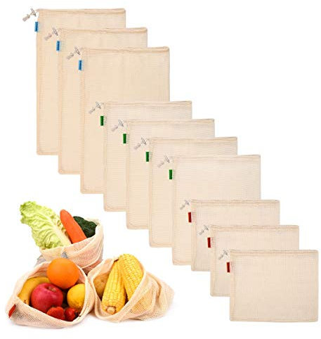 Philorn 10 Obstnetz Gemüsenetz 100% Baumwolle Wiederverwendbare Einkaufstasche Baumwollbeutel Einkaufstüte Gemüsebeutel Einfach zu Reinigen Obst Gemüse 3 Kleine 4 Mittlere 3 Große Gewichtsangabe