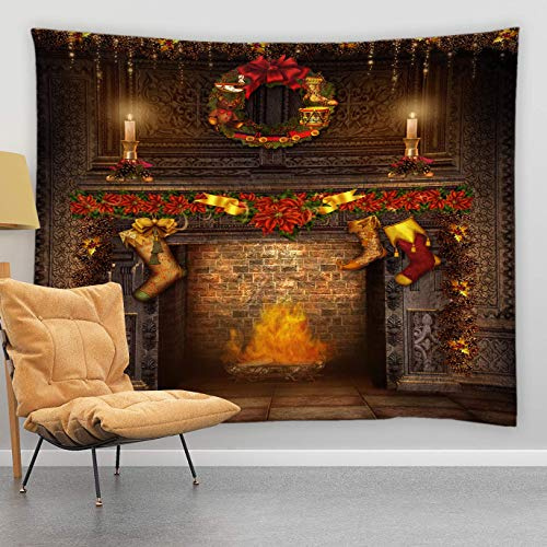Wandteppich mit Aufschrift Merry Christmas, Vintage-Stil, Kamin, Flamme, Weihnachtsstiefel, Western-Stil, klassische Urlaubsatmosphäre, Wandbehang, Wandteppich, Dekoration, Schlafzimmer, Wohnzimmer,