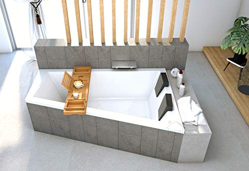 ECOLAM® Badewanne Intima Duo Eckwanne für Zwei 180x125 cm RECHTS + Ablage Bambus + 2x Kopfstütze Ab- und Überlauf Automatik Füße Silikon - PERFEKT FÜR ZWEI PERSONEN