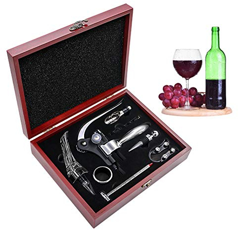 SumDirect Korkenzieher, Weinöffner-Set, Manueller Wein Öffner Kit, Zink-Legierung Griff Korkenzieher,Deluxe Weinöffner Zubehör mit 9 Teilen, Elegantes Design-Set mit Dunklem Kirschholz Kasten