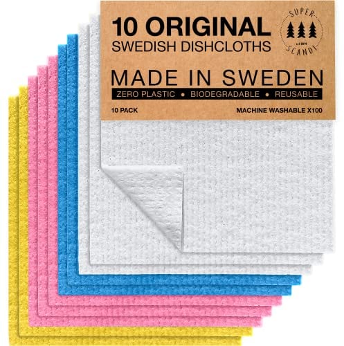 SUPERSCANDI 10 Pack Reusable Cleaning Cloths - 100% Biodegradable & Compostable Washable Swedish Dishcloth - Food-Safe & Plastic-Free Kitchen Cloth Suitable for Any Surface, Multicolour