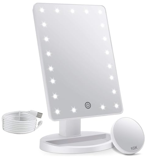 FASCINATE Makeup Vanity Mirror with Lights and Detachable 10X Magnification, 21 Led Lights Adjustable Dimming Touch Sensor, Dual Power Supply, 180° Rotation, Portable Cosmetic Mirror