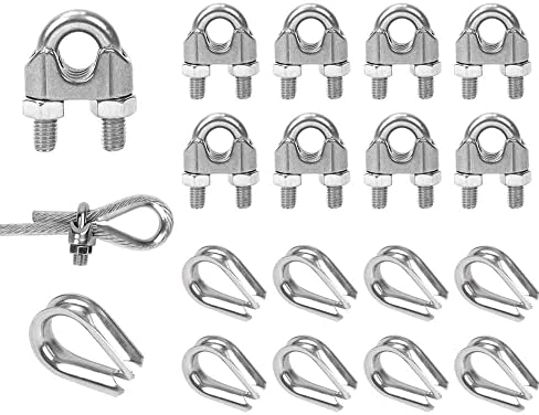 Sweieoni 20 Piezas Abrazadera Cable Acero M6 Clip de Cuerda de Alambre Abrazadera de Sillín de Perno en U, 10 Abrazadera de Cuerda de Alambre y Cable Dedales