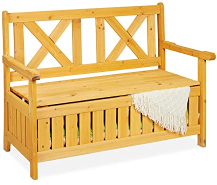 Relaxdays Gartenbank mit Stauraum, 2-Sitzer, HBT 85 x 115 x 60 cm, Tannenholz, Garten Truhenbank mit Rückenlehne, Natur