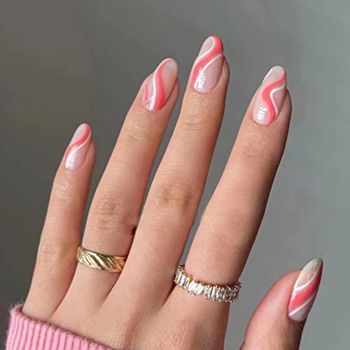 RUNRAYAY Rouge & Blanc Français Faux Ongles, Appuyez Sur les Ongles avec un Motif de Ligne Ondulée, Bâton Long Sur les Ongles, Kit D'Art de Faux Ongles pour Femmes Filles 24 pièces