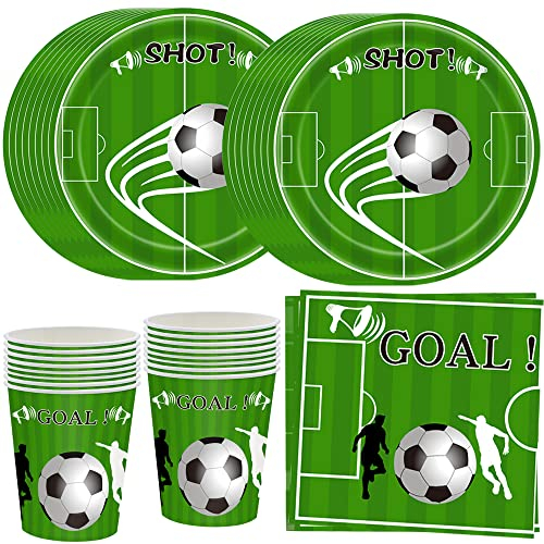 MEZHEN Fussball Partygeschirr Kindergeburtstag Deko Geburtstag Fussball Party Geschirr Pappteller Becher Servietten Geburtstagsparty Set Tischdeko 16 Persone