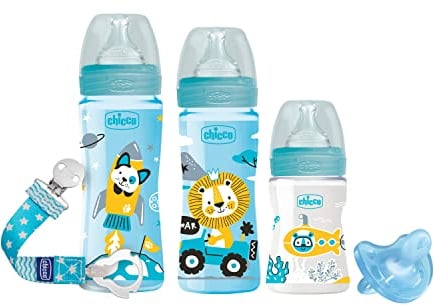 Chicco 1x Erstausstattungsset mit WELL-BEING Babyflaschen 150 ml, 250ml, 330ml; PhysioForma Silikon-Schnuller 0-6 Monate; Schnullerband Blau, 5 Stück (1er Pack)