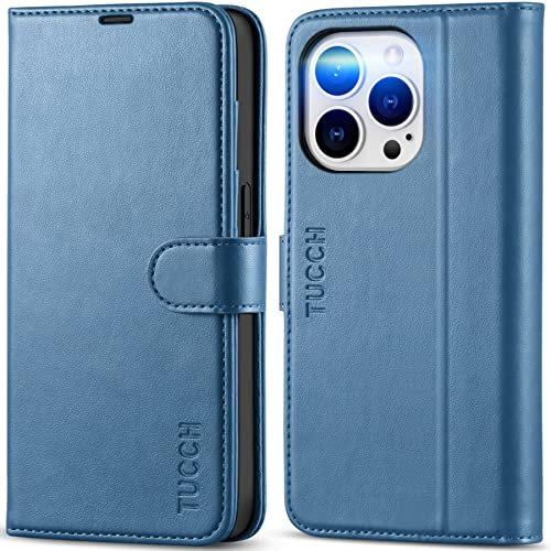 TUCCH Hülle für iPhone 14 Pro Case 2022 [RFID Blocker] Stoßfeste Handyhülle TPU [Kartenfach] [Standfunktion] Kunstleder, Schutzhülle kompatibel mit iPhone 14 Pro 5G (6,1 Zoll) Blau