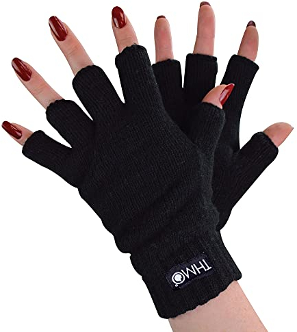 THMO Damen Thermo Handschuhe Ohne Finger Winter Fleece Winddichte Fingerlose Thinsulate Handschuhe (Einheitsgröße, Schwarz)