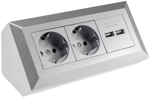 ChiliTec Steckdosenblock Ecksteckdose 2-fach Schutzkontaktsteckdose 2x USB-A 3,1A Mehrfachsteckdose für Küche Büro Werkstatt Silber Grau