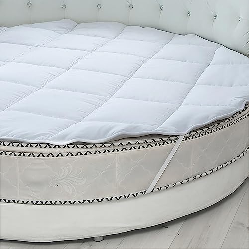 Runde Matratzenauflage - Gesteppte Komfortauflage mit einfarbigem Bezug und 100% Baumwollfüllung, Kühlung Atmungsaktiv Flauschig Weiches Matratzenkissen,White-Diameter200cm(79inch)