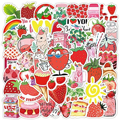 50Pcs Strawberry Stickers for Kids Teens Boys Girls Gift,Strawberry Stickers Pack for Laptop,Skateboard Luggage Car Bike Cup Computer Water Bottle Decor,Aesthetic Vinyl Waterproof Sticker Decal