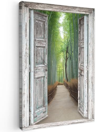 MuchoWow© Leinwand Bilder Groß 80x120 cm XXL Wanddeko Wohnzimmer Aesthetic Room Decor Deko Zimmer Wandbilder Modern Fotogeschenke Bambus - Japan - Fensterblick - Wald