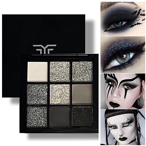 Palette di ombretti in 9 colori, opaco e nero perla, ombretto smoky trucco, glitter argento, ombretto grigio con specchio, impermeabile, ombretto pigmentato (Nero)