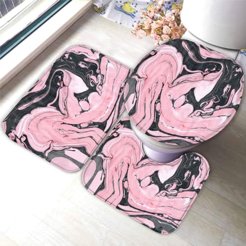 DEVOKE Badezimmer Badematte 3 Teilig Set Marmor 3D Weichen Mikrofasern Pink Schwarz Saugfähige Teppich,WC-Deckelbezug,U-Förmige Matte Maschinenwaschbar Badvorleger 40X60