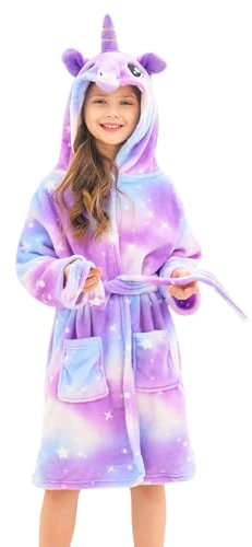Accappatoio Unicorno per Bambina Morbidi Vestaglie in Pile con Cappuccio per Ragazze (Stelle Viola, 6-7 anni)