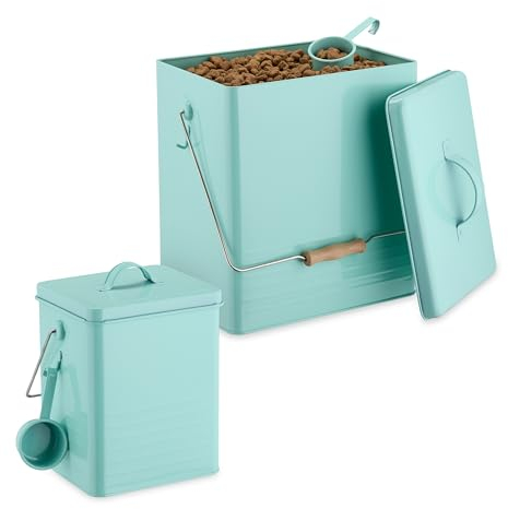 Relaxdays Scatola per Crocchette Cane, Set 2 Contenitori Cibo per Gatti, 5,5L e 16L, Porta Mangime con Paletta, Turchese, bambù