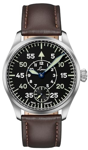 Laco Fliegeruhr Würzburg 42,5 Handaufzugswerk, Edelstahlgehäuse, Saphirglas, Lederarmband, Dornschließe, Made in Germany