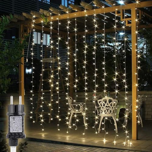 SALCAR LED Lichtervorhang Außen 2x2m, Lichterkette Vorhang Weihnachten Innen mit 8 Modi und Memory, Weihnachtsbeleuchtung Outdoor Garten, Warmweiß