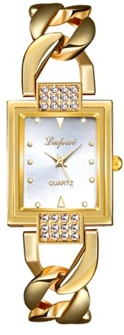 Silverora Uhren Damen Golduhr Eckig: Einfach Gesicht Punktskala Analoge Quarz Armbanduhren Rechteckige Diamant Damenuhren mit Verstellbar Armband Armkette Geschenke für Frauen Gold