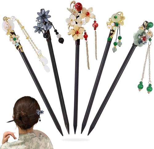 YIZWINS 5 Pièces Baguette Cheveux en Bois Vintage, Épingle à Cheveux Chinois Baguettes, Accessoires Cheveux Femme avec Décoré de Fleurs et de Glands Chignon, Hairpin pour Cheveux DIY Accessoire