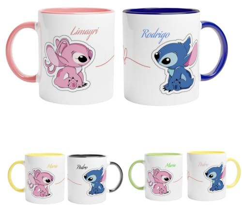 LA CASA DE LA TAZA | Pack 2 tazas PERSONALIZADAS | PERSONAJE Y NOMBRE | 350 ml | Apta para Microondas | Personalizada a Todo Color | ELIGE ENTRE MAS DE 10 PERSONAJES | Para parejas (STITCH)