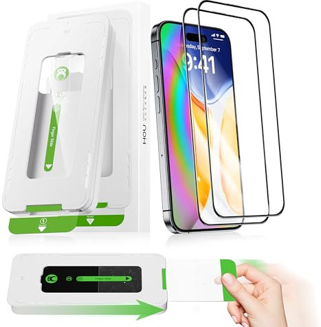 HOU 2 Pièces Verre Trempé pour iPhone 15 Pro Max Protecteur d'Écran Full Screen, HD sans Éblouissement, Couverture Complète des Bords et du Haut-Parleur, Dureté 9H, avec Outil d'Installation