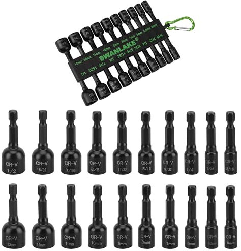 20-Piece Magnetic Nut Driver Set, Metric & SAE 1/4 Hex Shank, Drill Socket Set, Impact Driver Bit Set, Magnetic Bit Holder with Aluminum Alloy Snap Clip, Quick Change Tool
