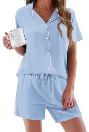 Ekouaer Women's Pyjama Sets Shorts Kurz Sleep & Lounge Ladies Sommer Button Up Pyjama for Ladies V-Neck Nightwear Soft Loungewear, Light Blue, XL