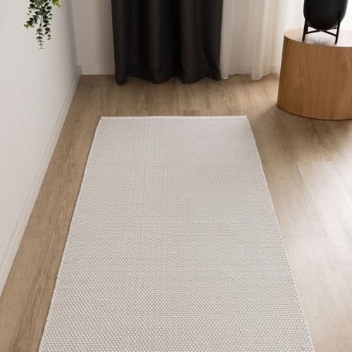 Interiyou handgewebter Baumwollteppich Riga - 70x200 cm Weiß - Handwebteppich für Wohnzimmer, Schlafzimmer - 100% Handarbeit Naturfaser Teppich Flachgewebe