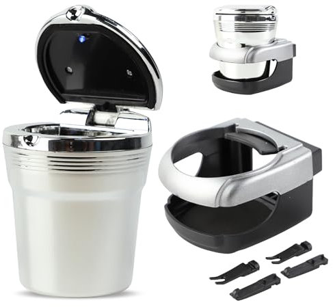 Kytpyi Aschenbecher Auto, Tragbare Geruchsdichte Auto Aschenbecher mit Deckel, Licht und 1 Halterung für Auto Draußen (Silber)