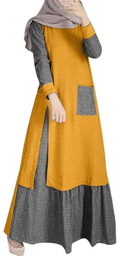 Abaya Damen Elegant Farbblock Rundhals Langarm Gebetskleid Muslim Maxikleid Gebetskleidung Für Frauen Türkisch Muslimische Kleider Casual Swing Lang Kleid Islamische Ramadan Robe Sommerkleid