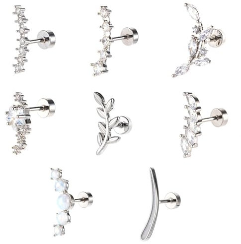 HJZHII 8 Stück Helix Piercing Ohrringe Set, 16G Helix Piercings Conch Piercing Knorpel Tragus Ohrschmuck Edelstahl Flache Rückseite Ohrring Ohrstecker Strass(A)
