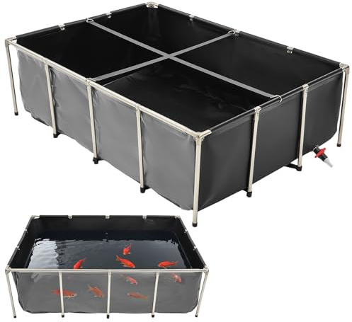 VEVOR Canvas Fish Pond, 470 Gal Above Ground Fish Pond, PVC Koi Tank with Clear Viewing Panel, Rectangular Goldfish Tank with Stainless Steel Frame & Drain Valve, for Breeding Koi, Irrigation(Black)