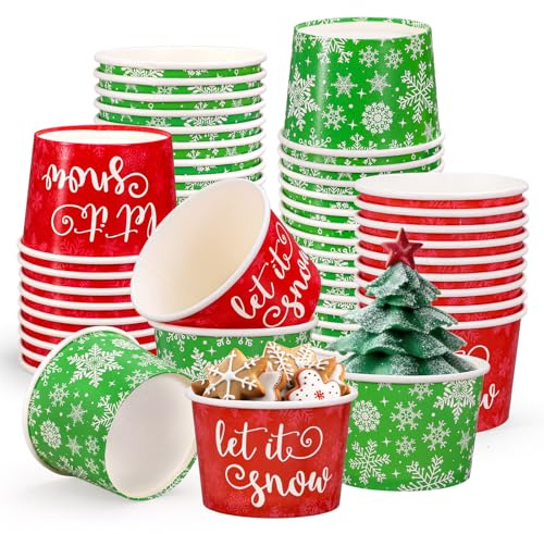 Whaline Christmas Winter Snack Cups Red Green Snowflake Disposable Paper Cups 9 Oz Dessert Ice Cream Paper Bowls for Frozen Treat Cupcakes Party Favor Supplies