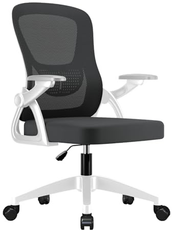 LUKVCIY Home Office Chair, Flip-up Arms, No Headrest, White-Black