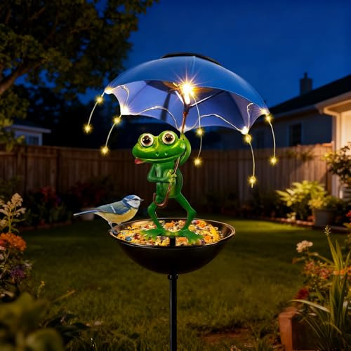 Outdoor Solar Frosch Garten Dekoration Frosch Deko Garten Futterhaus | Solar Frosch Gartendeko mit Regenschirm Sola-r Frosc-h Statue mit Led Lampe für Garte-n Terrasse Rasen Teiche