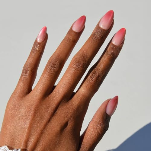 Glamnetic Press On Nails - Faded Feelings Spring Nails | Short Almond Fake Nails with Pink Velvet Ombre Tips in a Velvet & Glossy Finish, Salon Quality | 15 Sizes - 30 Nail Kit with Glue