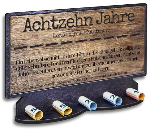 DARO Design – Geldgeschenk Groß 18 Jahre 28cm HDF Holz zum Geburtstag Jubiläum Geld Geschenk Geldgeschenke Schiefer Holz Optik