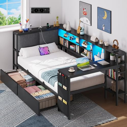 Brinlawb Schlafsofa mit LED-Beleuchtung und Ladestation, Jugendbett 90x190 cm mit einem 35x112cm Tisch und zwei großen Schubladen, Bett 90x190 Tagesbett mit polsterter Rückenlehne am Kopfteil, Schwarz